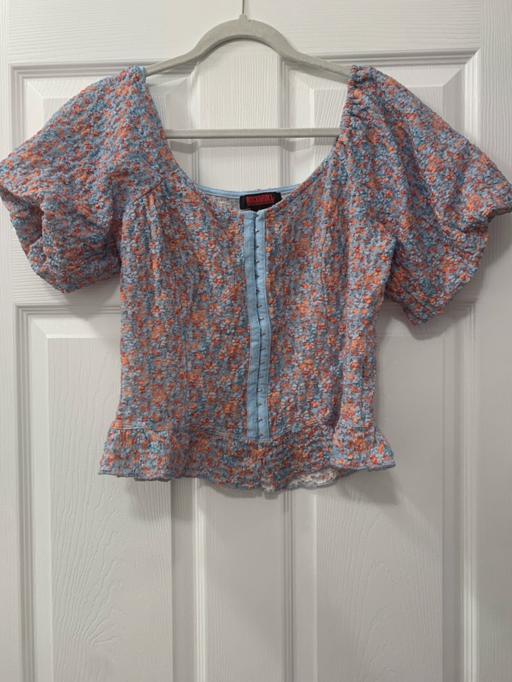 Floral Light Blue Lace Puff Western Top